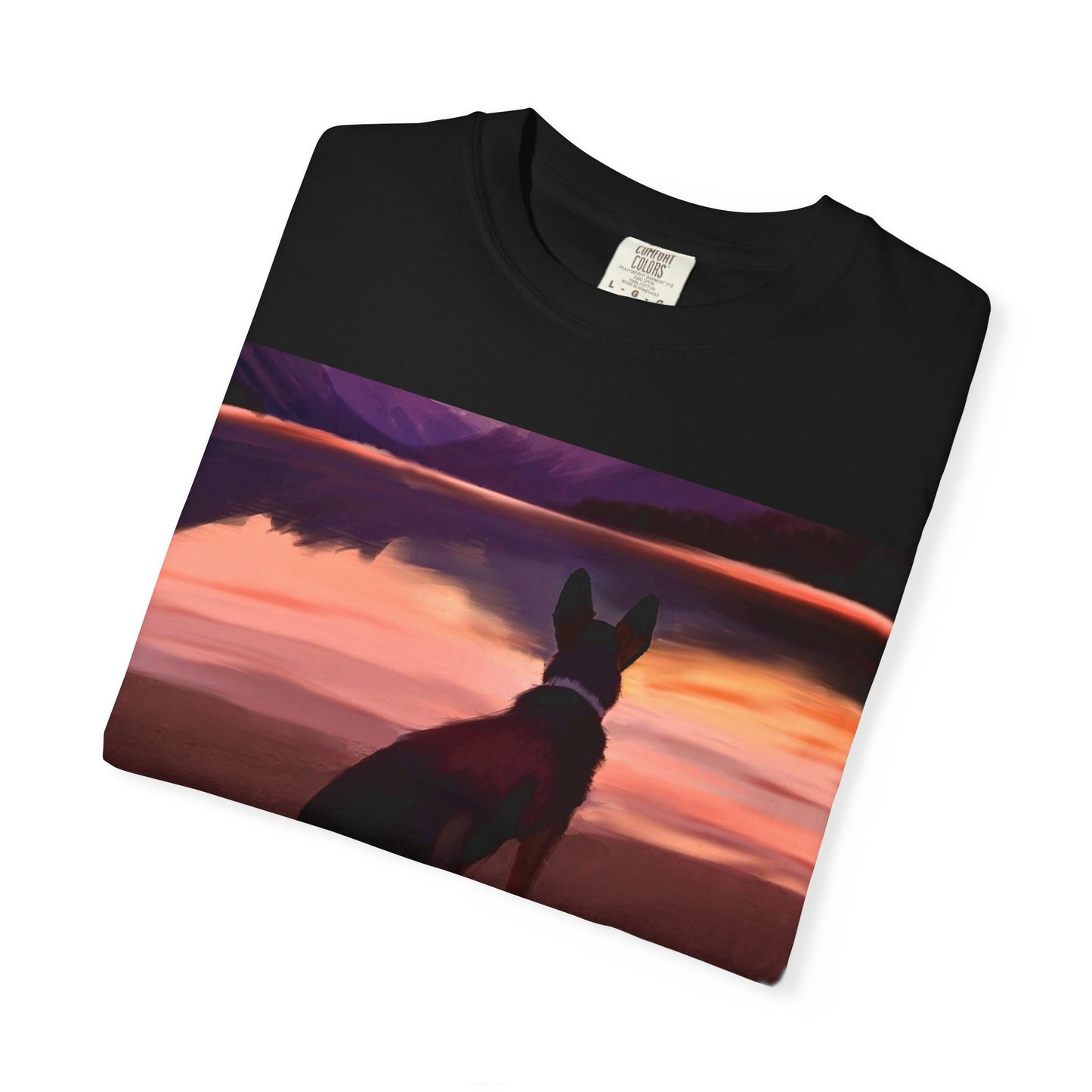Sunset Mountains & Dog T-Shirt — Scenic Lake Reflection Tee
