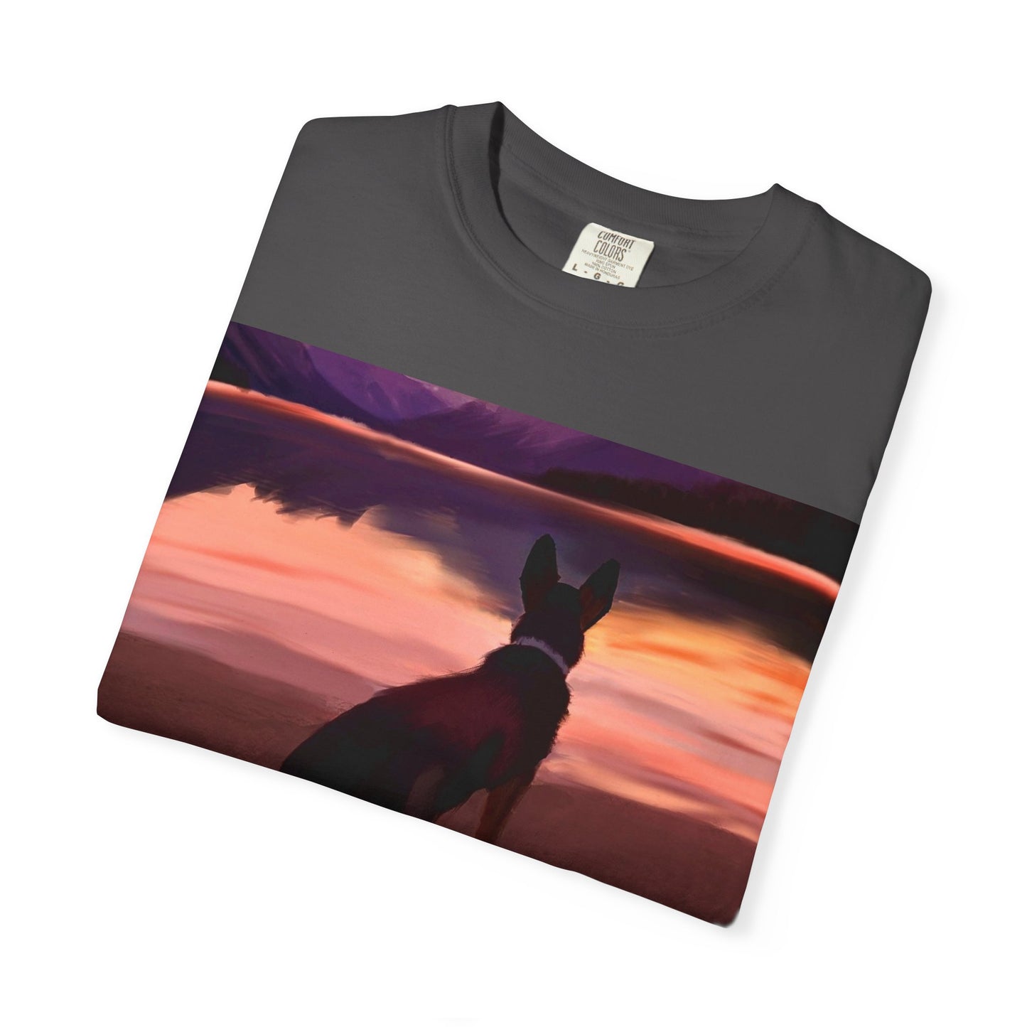 Sunset Mountains & Dog T-Shirt — Scenic Lake Reflection Tee