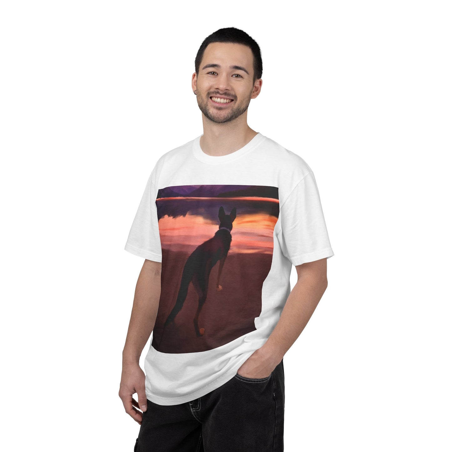 Sunset Mountains & Dog T-Shirt — Scenic Lake Reflection Tee