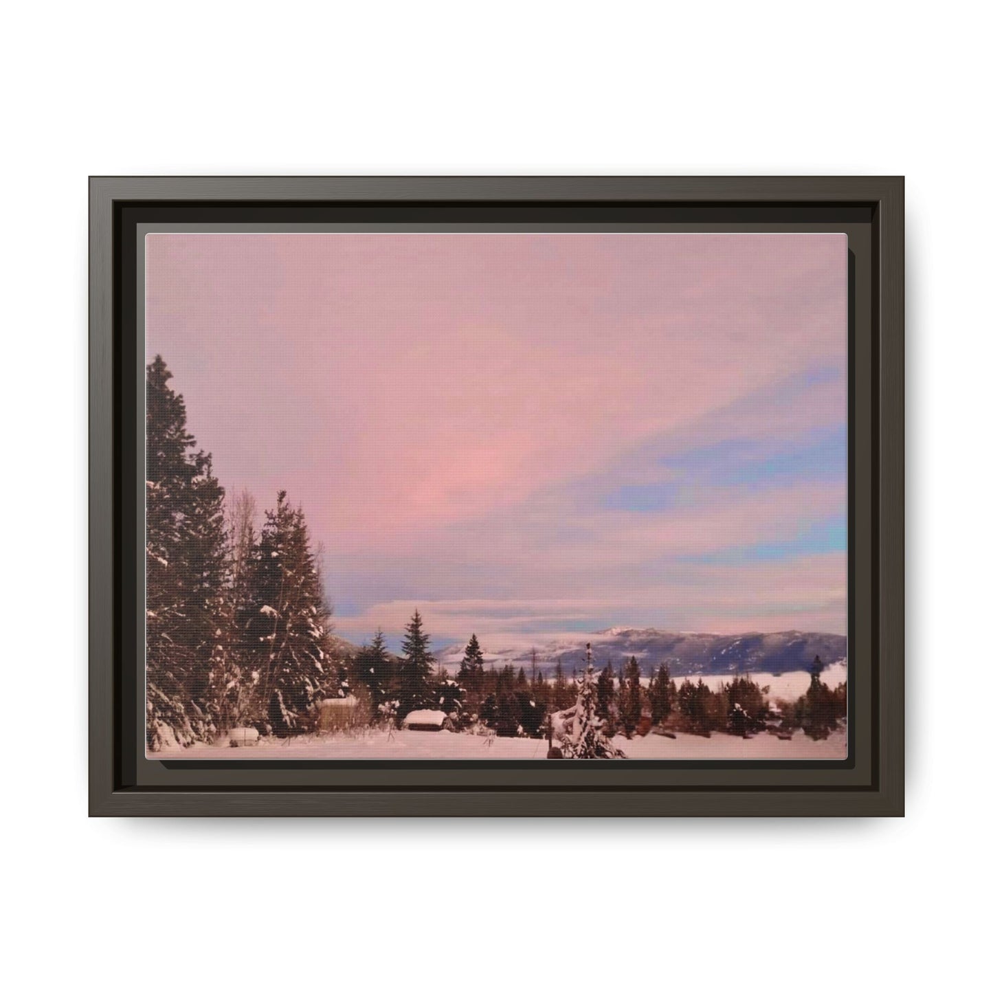 Framed Matte Canvas Print — Pink Winter Sunset Landscape