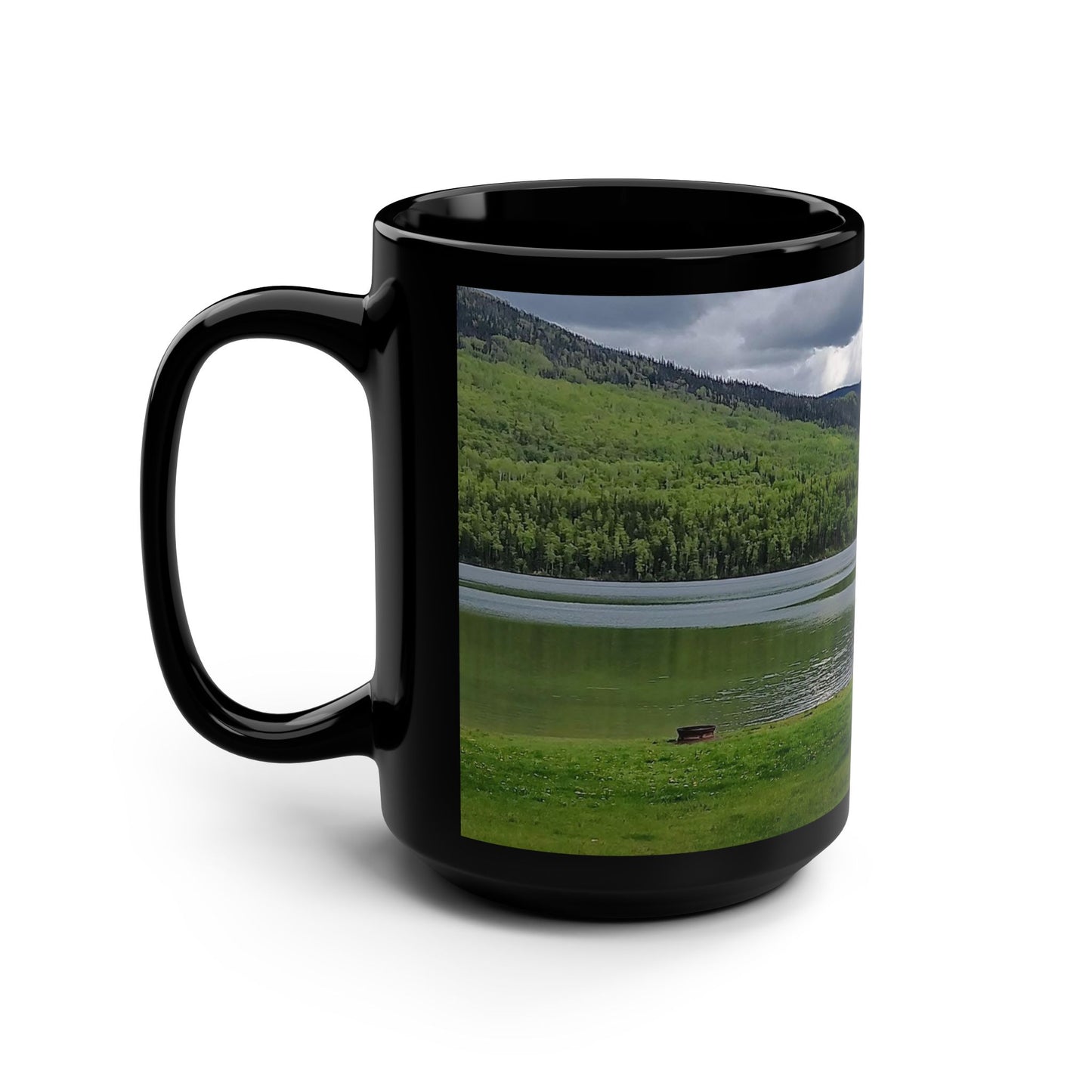 Lake View Black 15oz Mug — Scenic Mountain & Lake Coffee Cup
