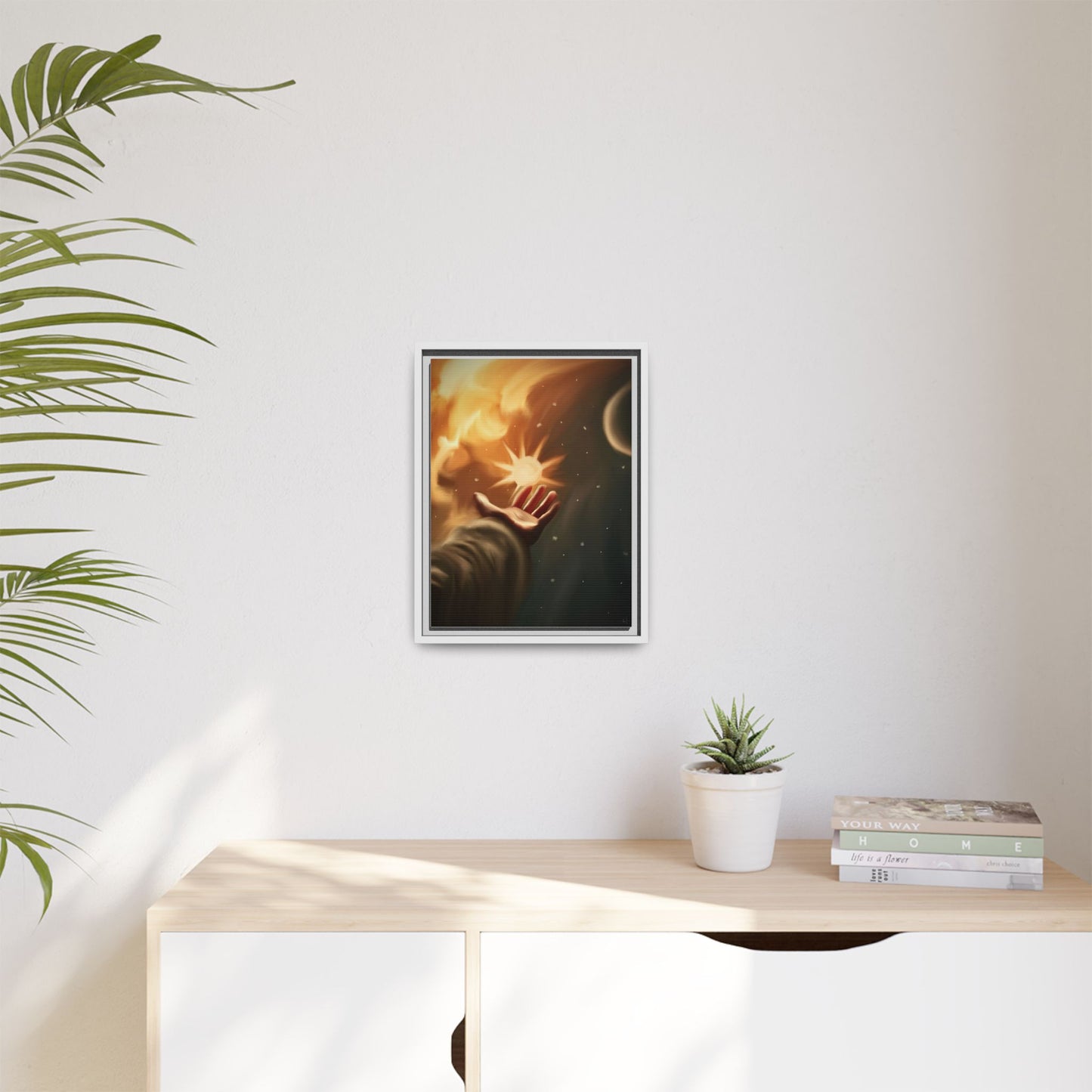 Framed Matte Canvas Art – Hand Reaching for Starry Sunscape