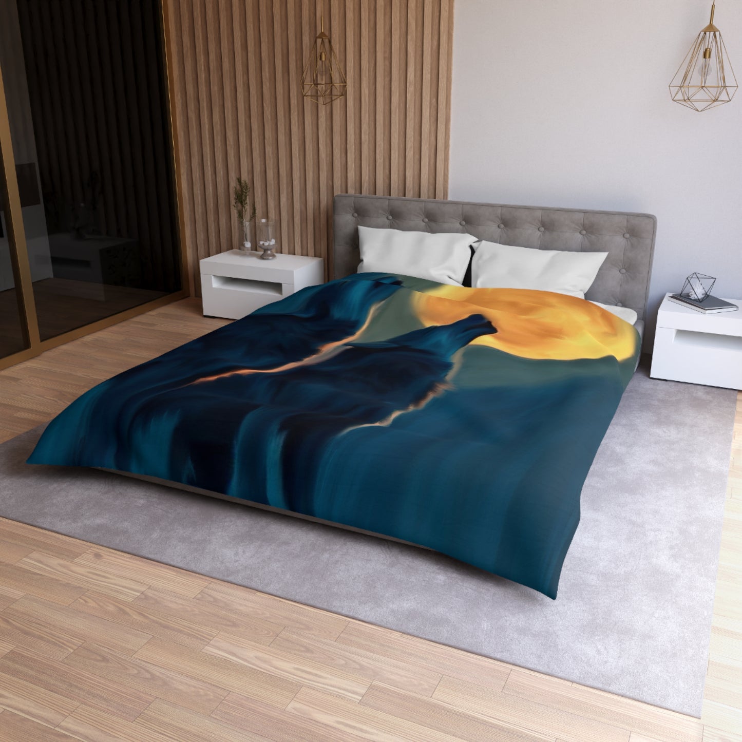 Howling Wolf Moon Duvet Cover — Midnight Wildlife Microfiber Bedding