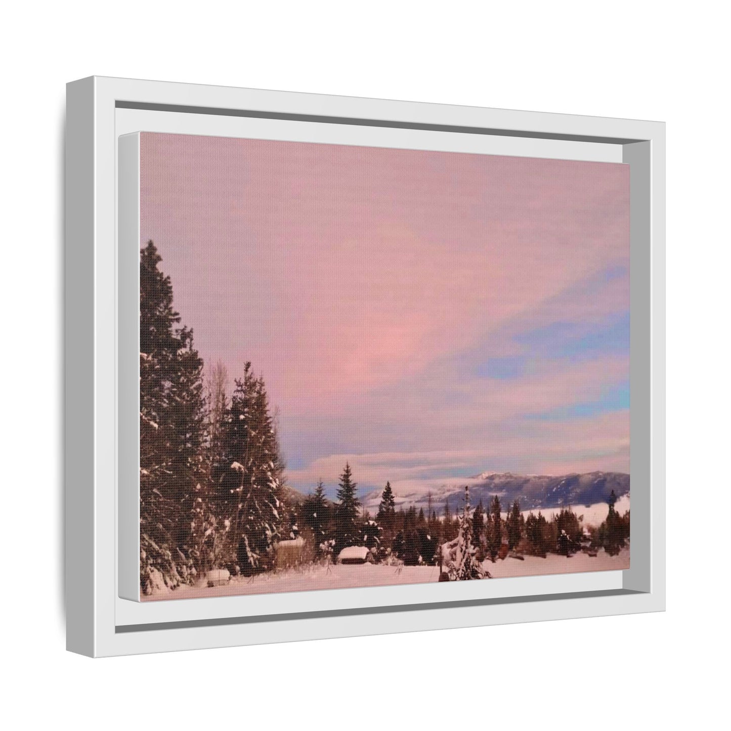Framed Matte Canvas Print — Pink Winter Sunset Landscape